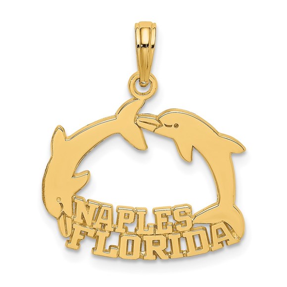 14k Yellow Gold Travel NAPLES FLORIDA Jumping Dolphins Necklace Charm Pendant - Picture 1 of 4
